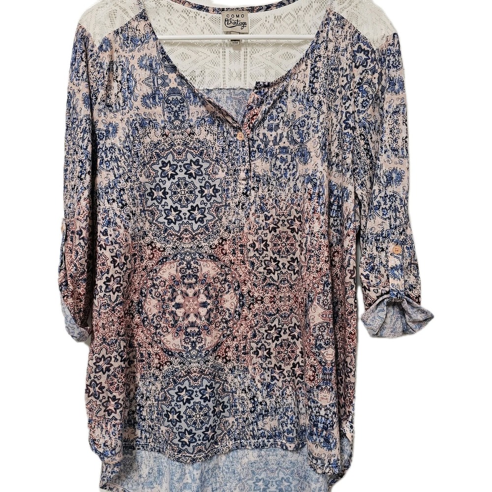Como Vintage XL Top‎ Geometric  3/4 Tab Sleeves Lace Hi/Low Hem Blouse EUC Boho